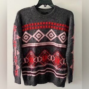 J.Crew Nordic Fair Isle Wool Blend Sweater Gray Red Pink Size Small